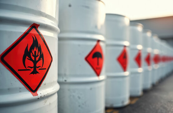 White metal barrels with flammable liquid hazard symbols in a row. Industrial storage containers for hazardous chemicals in a warehouse. Safety first.