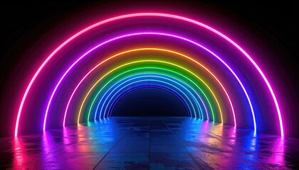Luminous, colorful, archway of neon light tunnel effect