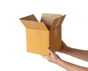 Open cardboard box delivery package shipping container holding hands brown box unboxing product package