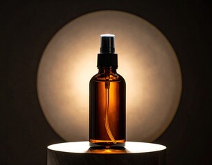 Amber bottle, spray top, backlit by soft circular glow