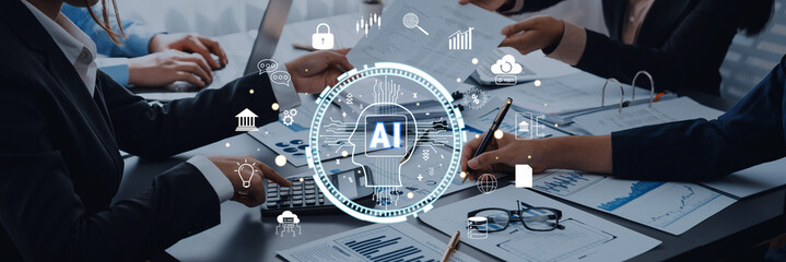 Business professionals collaborate in a modern office environment, analyzing data and discussing artificial intelligence strategies enhanced by digital security features. Trope