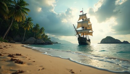 Old sailing vessel near tropical island shore. Palm trees line sandy beach, clear ocean water laps waves. Ship with sails floats on calm sea under cloudy sky.