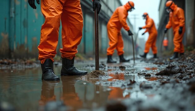 Hazmat team deals with toxic waste spill at industrial site. Workers in protective suits are at work. Environmental cleanup crew removes chemical contamination after pollution accident.