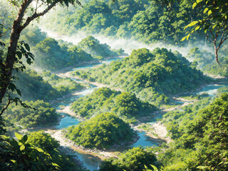 Jungle or Rainforest with River Meanders and Morning Mist