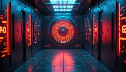 Dark futuristic corridor with glowing red and blue digital displays and panels. Large circular secure vault door with neon lights in center. Tech concept background for cyber security or sci fi.