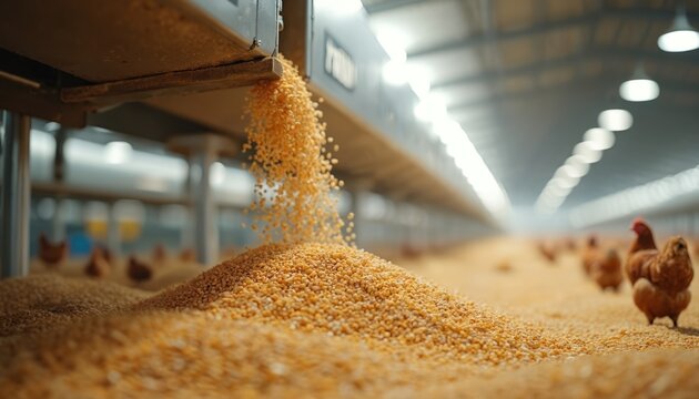 Automated feeder pours grain onto floor in large chicken coop. Poultry farm uses modern tech for feeding birds. Chickens eat feed on straw bedding in barn.
