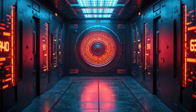 Dark futuristic corridor with glowing red and blue digital displays and panels. Large circular secure vault door with neon lights in center. Tech concept background for cyber security or sci fi.