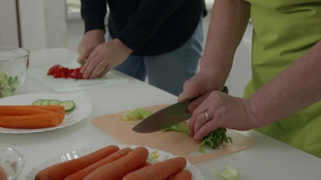 Woman wearing a green apron slicing celery on a cutting board, while the daughter cuts tomatoes, carrots and cucumbers are already cut and ready to be used