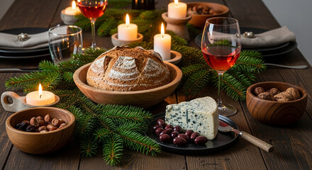 Warm candlelight illuminates a rustic table setting with artisanal bread, rich cheese, olives, nuts, and red wine, evoking cozy holiday gatherings.