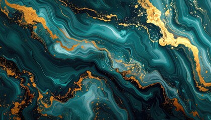 Fototapeta premium Teal & gold swirls like paint, abstract fluid art backdrop