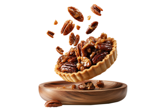 Sweet glazed pecan tart pie with golden crust and caramelized nut topping, isolated on white transparent background, concept of dessert