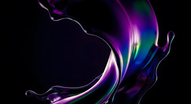 Iridescent fluid splash abstract dynamic shape with vibrant colors isolated on black background