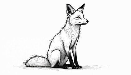 Fototapeta premium A stylized fox sits, looking alert. The minimalist black and white outline illustration shows a wild animal with yellow eyes. This graphic art features a sleek forest creature.
