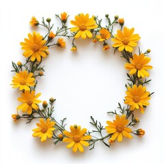 Obraz premium Yellow daisies arranged in a wreath frame, isolate on white background.