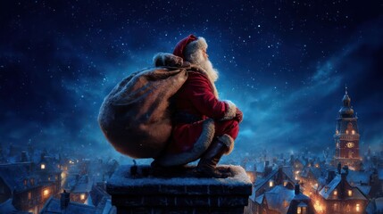 Santa claus perched atop a chimney gazing at the starry night sky over a snowy cityscape at christmas