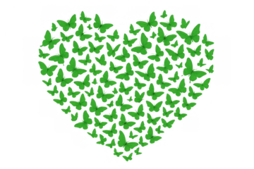 Green butterflies forming heart shape, symbolizing love, nature, spring, growth, and ecology, transparent background
