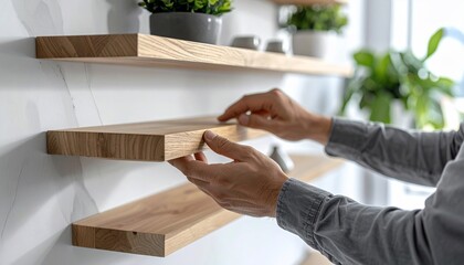 Man installing wooden shelves in modern home with interior design, and DIY project.