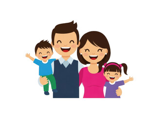 Happy cartoon family smiling together, father, mother, son, daughter