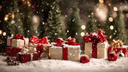 Festive christmas presents wrapped in gold and red ribbon sit in the snow under twinkling lights and falling snowflakes
