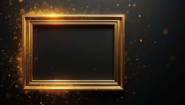 Luxurious gold picture frame shines brightly on dark background. Golden glitter particles sparkle around elegant border. Festive decorative element perfect for celebration design projects. Creates
