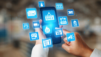 Sale and promotion icons with hot deal, discount tag, shopping bag, limited offer, coupon, VIP...