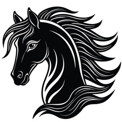Horse head in black and white with beautiful flowing mane and artistic design