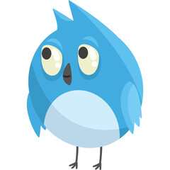 Cute cartoon blue bird with big eyes and small beak with thin legs standing on transparent background with soft lighting