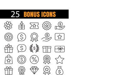 Bonus Vector Set, Reward and Achievement Icons, Gift and Promotion Outline Symbols, Incentive and Loyalty Program Illustration Collection