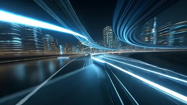 Futuristic cityscape at night with illuminated highways and skyscrapers creating a vibrant urban scene