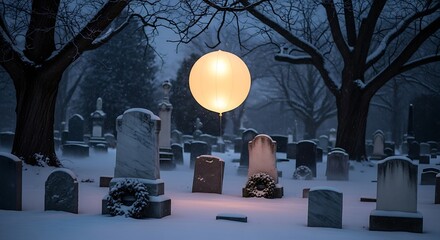 A glowing balloon floats above snow covered tombstones in a graveyard at night under bare trees