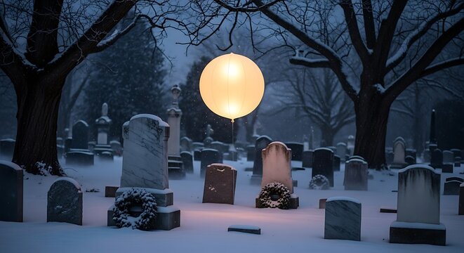 A glowing balloon floats above snow covered tombstones in a graveyard at night under bare trees