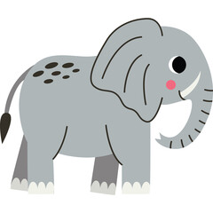 Cute cartoon baby elephant with big ears tusks and a pink cheek on a transparent background