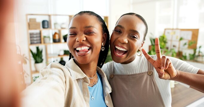 Peace sign, portrait and selfie of black women in nursery together for retail plants. Emoji, smile and social media with florist people in small business workplace for memories or photograph POV