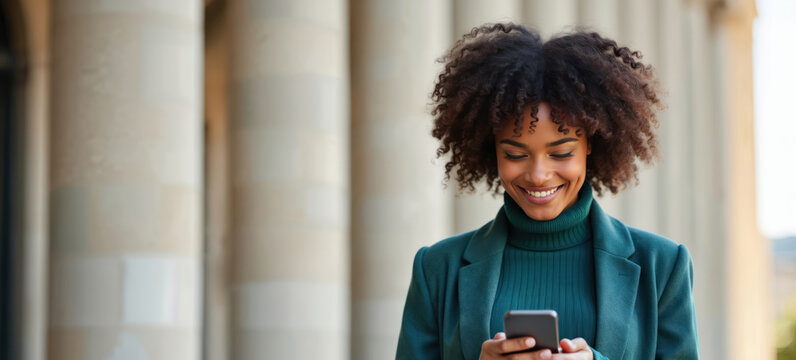 Smiling Black woman in teal coat uses smartphone outside near large stone columns. She looks down at her phone. Young pro connects via mobile device. Urban setting.
