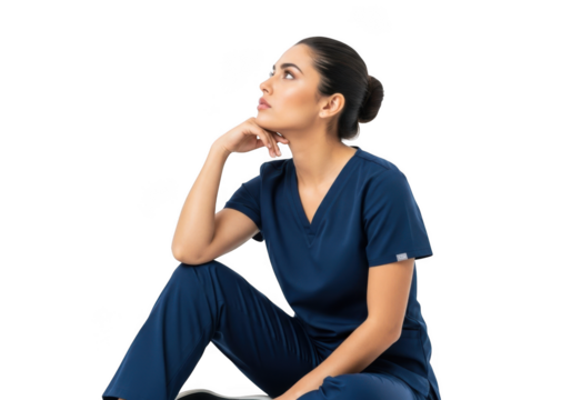 Thoughtful healthcare worker looking up, pondering next steps