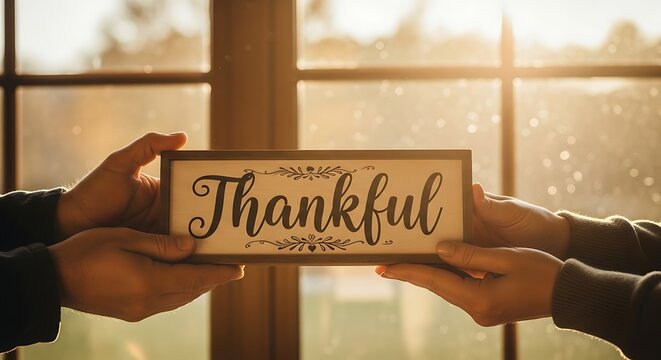 Two hands holding a thankful sign in front of a window with sunlight shining through the glass pane