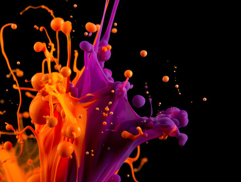Explosion of Vibrant Orange and Purple Ink Droplets in Mid-Air Against a Black Background - Powered by Adobe