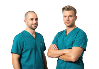 Two male healthcare professionals in teal scrubs standing together