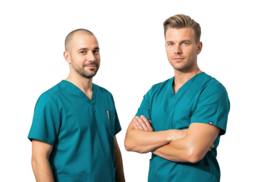 Two male healthcare professionals in teal scrubs standing together