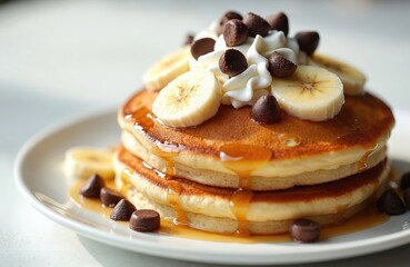 Stack of fluffy pancakes with whipped cream, banana slices, and chocolate chips. Drizzled generously with golden syrup. Delicious breakfast treat served on a white plate.