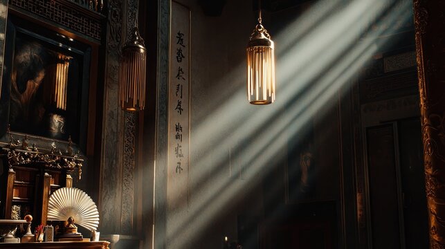 Interior scene of a traditional room with sunlight streaming through, highlighting ornate decor & hanging lamps