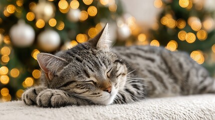 Sleepy cat napping on cozy couch in warm Christmas living room with glowing tree twinkling fairy lights and festive holiday decorations for winter home decor and greeting card designs