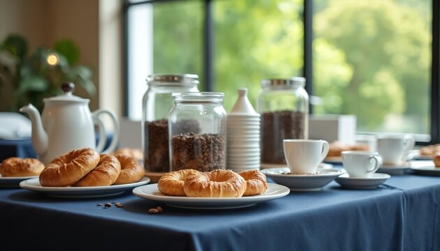 Coffee break setup with pastries and coffee beans in jars. Teapot and cups ready for refreshments. People enjoy light snacks and hot drinks during meetings in a conference room.