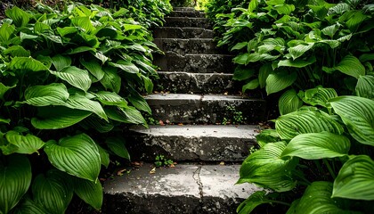 Stone steps winding through lush green garden path