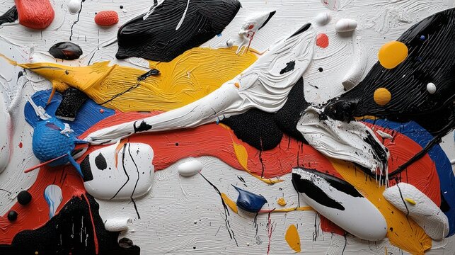 A close-up of a textural painting with layered, vibrant colors. Thick strokes create dynamic shapes, flowing across a white surface - Powered by Adobe