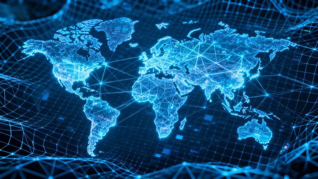 Digital World Map with Global Network Connections and Futuristic Blue Data Grid