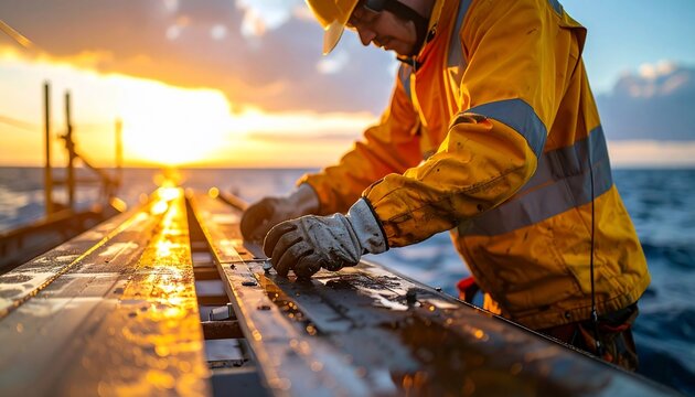 Offshore worker in safety gear inspecting equipment at sunset with maritime setting.
