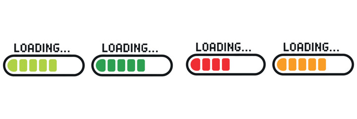 Pixelated Loading Bar Icons – Retro Progress Indicator Stages, 8-Bit Style Interface Elements, Digital UI Bars, and Classic Pixel Progress Graphics for Apps and Games