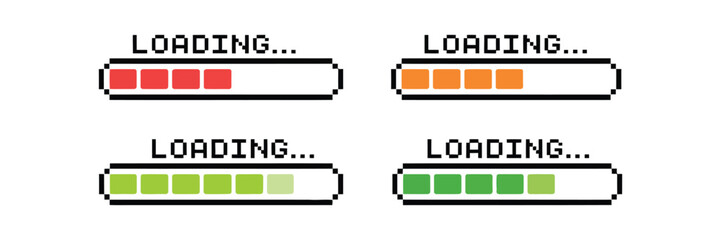 Fototapeta premium Pixelated Loading Bar Icons – Retro Progress Indicator Stages, 8-Bit Style Interface Elements, Digital UI Bars, and Classic Pixel Progress Graphics for Apps and Games