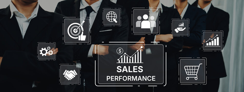 A confident business team showcases teamwork and professionalism in front of digital sales performance icons, illustrating a focus on growth and analytics. Trope
